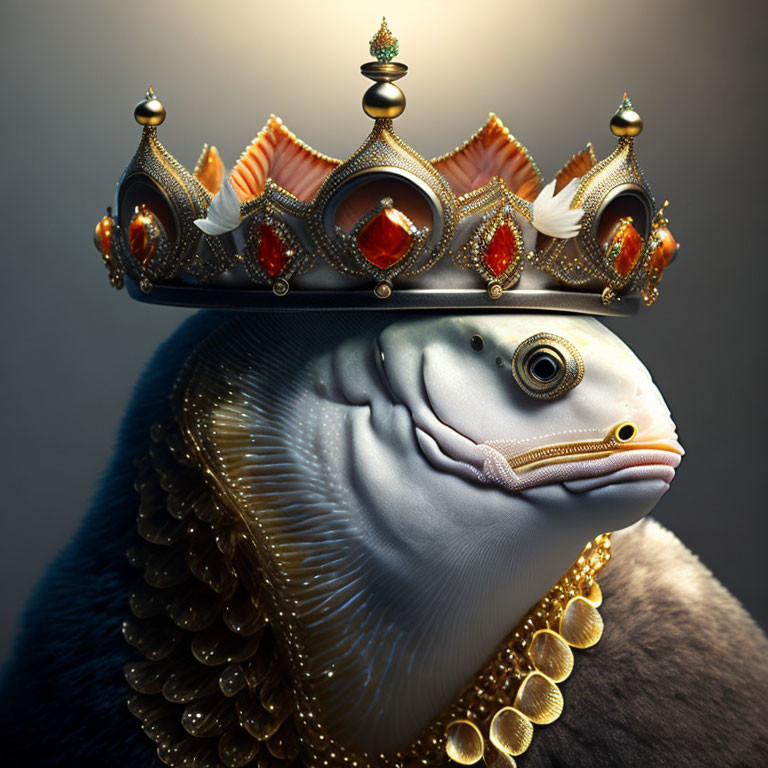 Fish with human-like face in royal attire: surreal and whimsical.