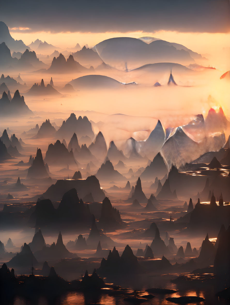 Mystical sunset landscape with layered mountains and fog