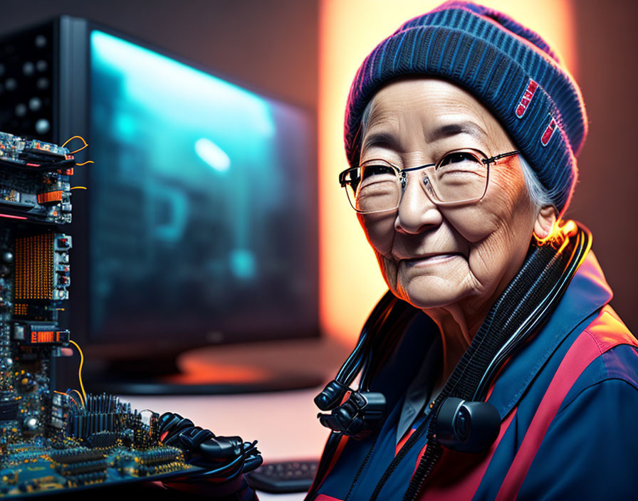 Elderly woman in glasses and beanie smiles with headphones at desk.