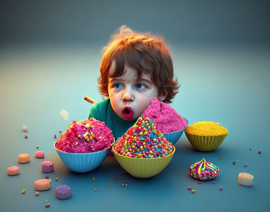 Child blowing colorful sprinkles on spoon amidst vibrant confectionery decorations