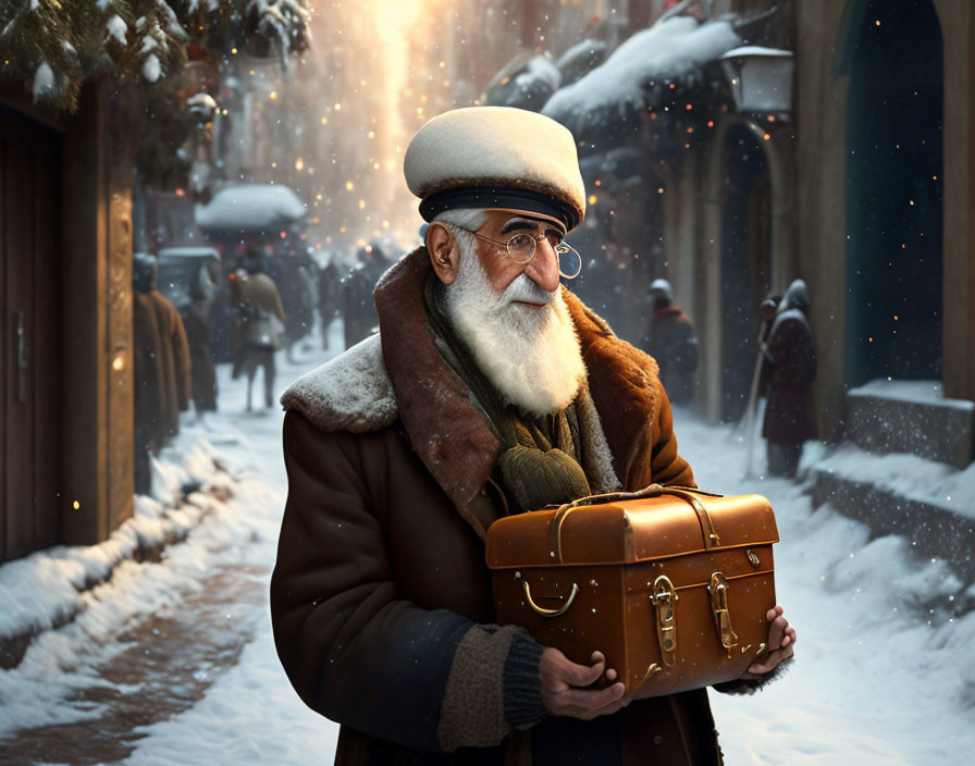 Elderly man in fur coat with suitcase on snowy street