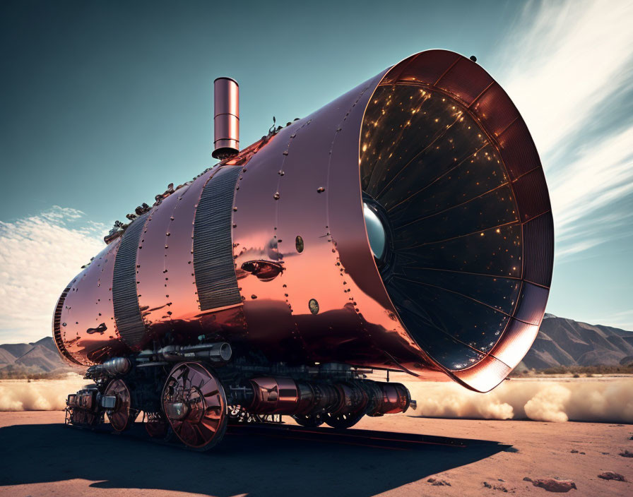 Bronze steam locomotive with exposed pipes on desert landscape