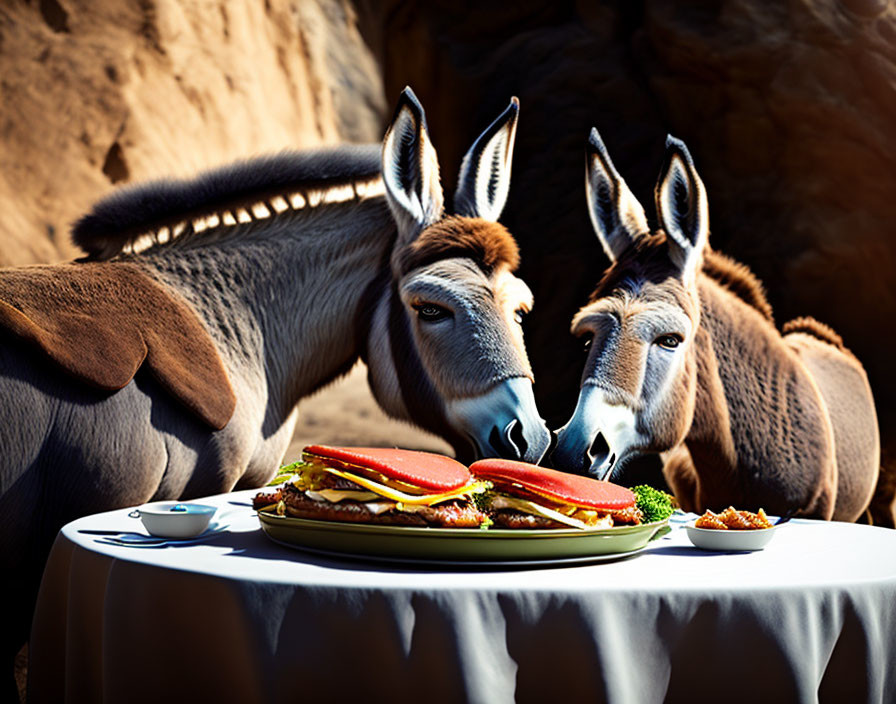 Two Donkeys Standing by Table with Large Sandwich on Plate