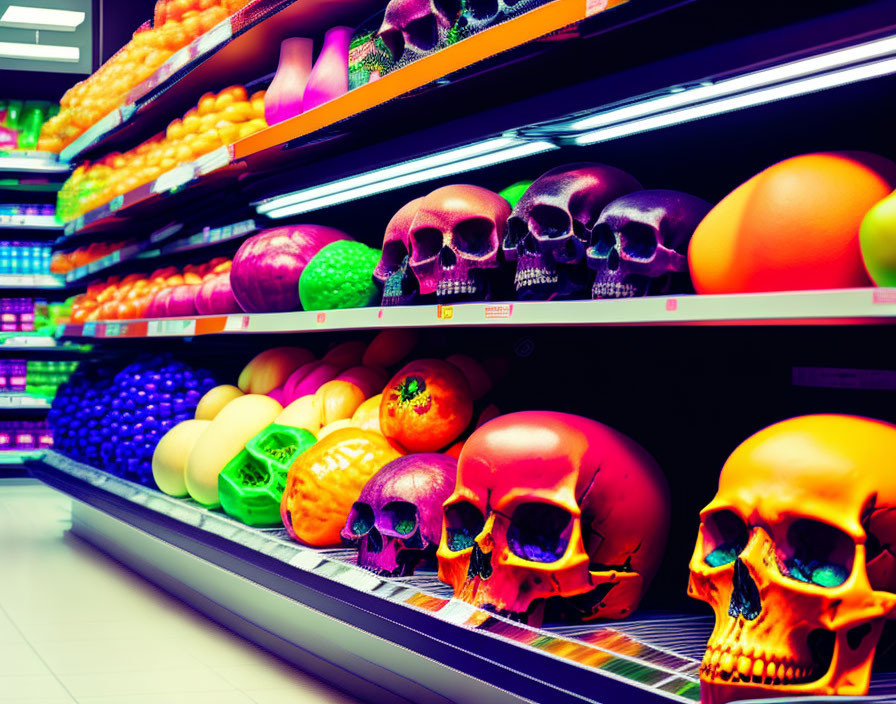 Colorful Fruits and Vegetables Alongside Skull Replicas in Supermarket Aisle