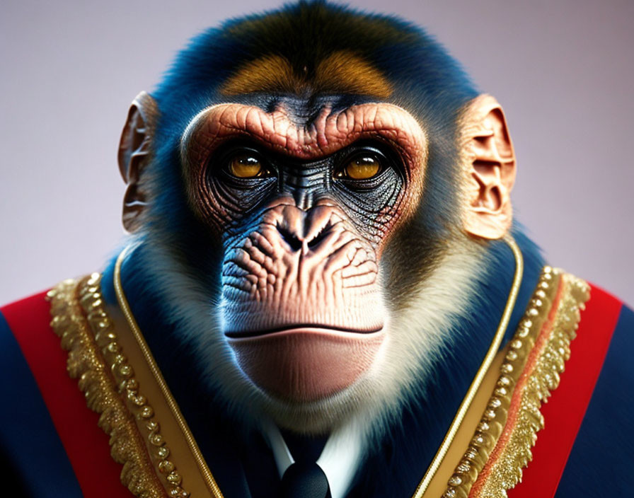 Detailed mandrill in formal suit with red and blue sash and black tie