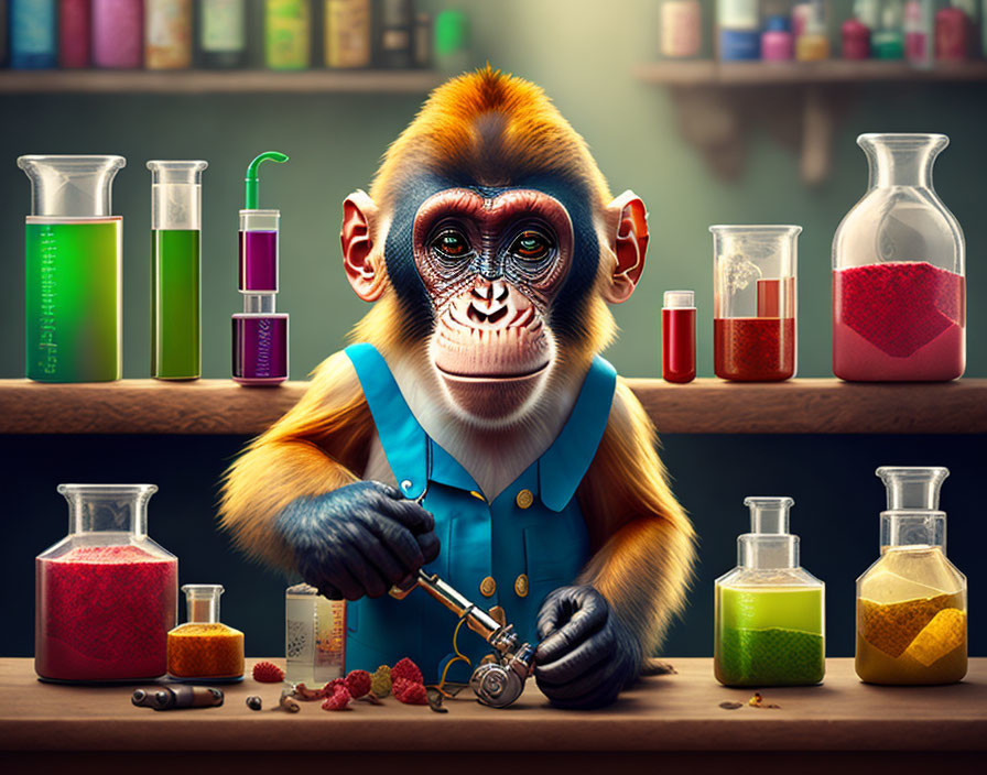 Monkey in lab coat mixing chemicals with colorful beakers and flasks