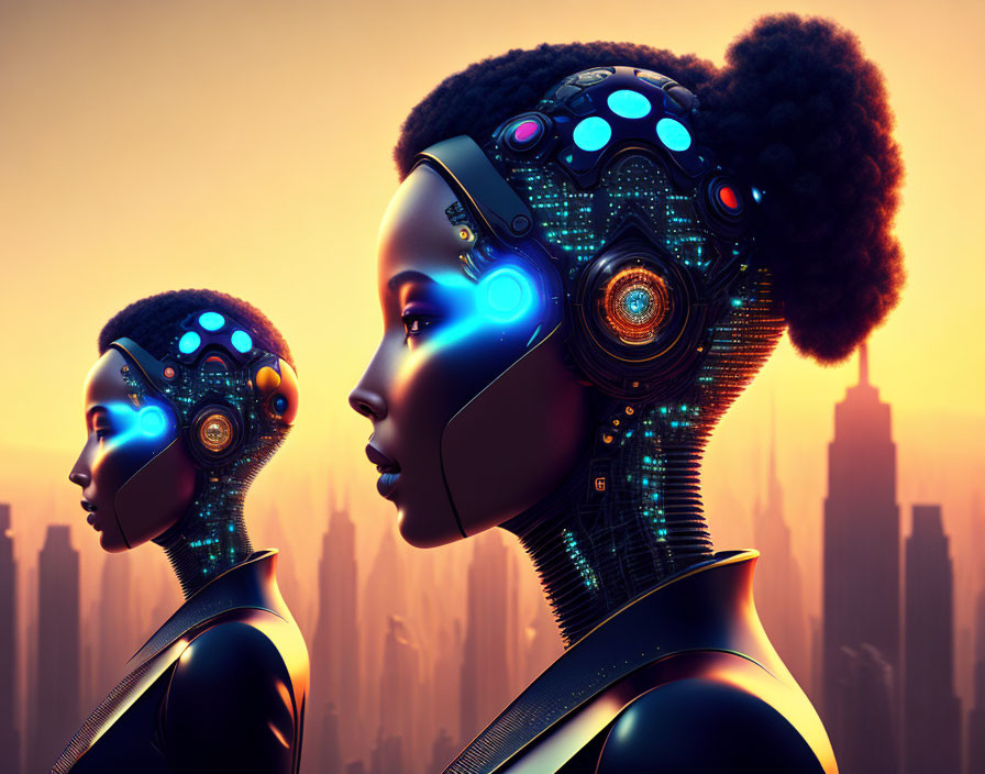 Futuristic African women with cybernetic enhancements in digital art