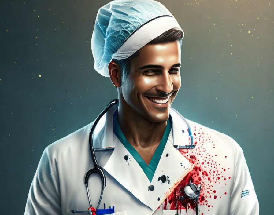 Smiling male nurse digital artwork with stethoscope and bloodstain