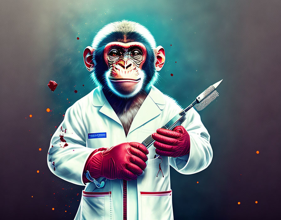 Illustration of monkey in lab coat with syringe on dark background