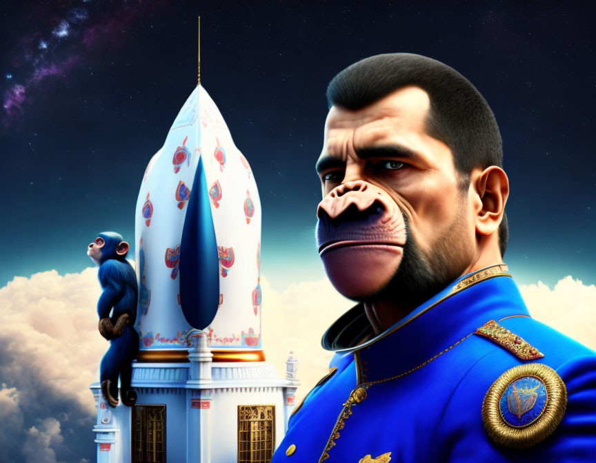 Anthropomorphic ape in blue uniform with smaller ape on ornate structure at dusk