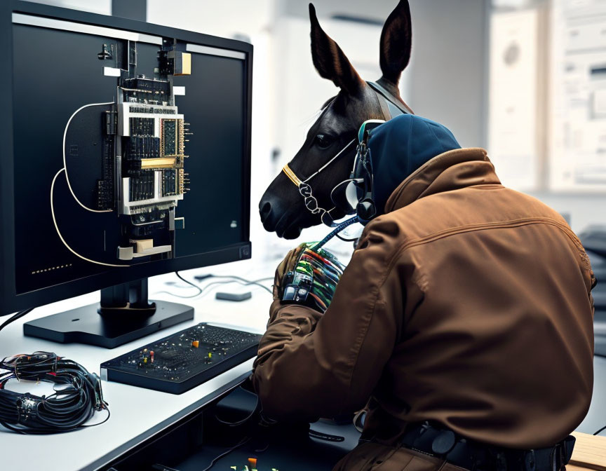 Donkey in headset and jacket working on computer