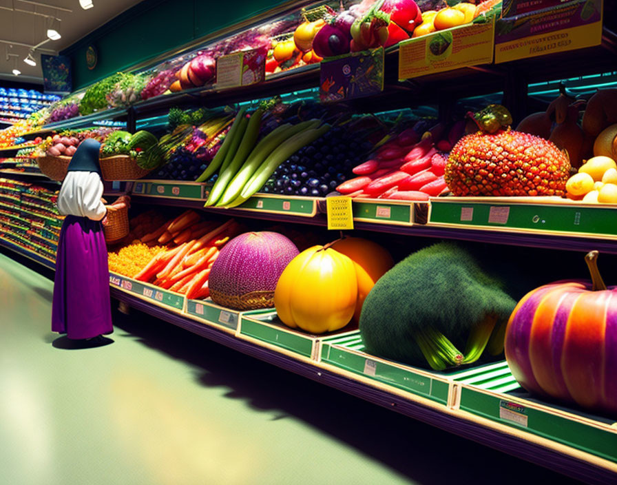 Traditional Attire Person Shopping in Vibrant Produce Section