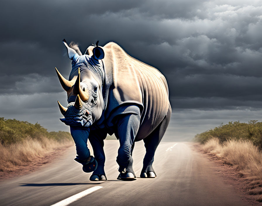 Digitally altered image: Rhinoceros in headphones and sneakers on deserted road