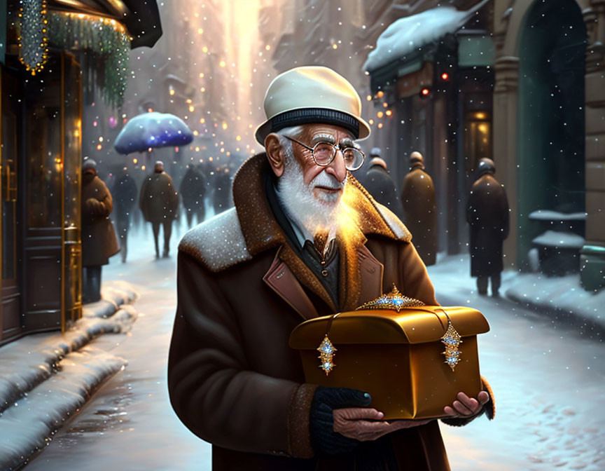 Elderly man in winter attire holding glowing gift box on snowy city street