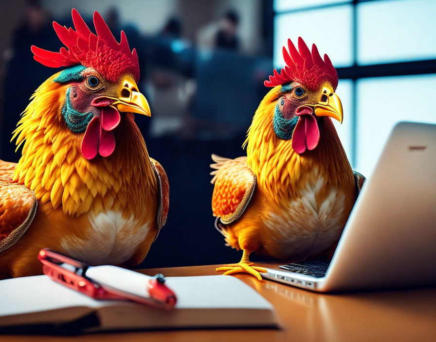 Chickens with human-like bodies using laptop and smartphone