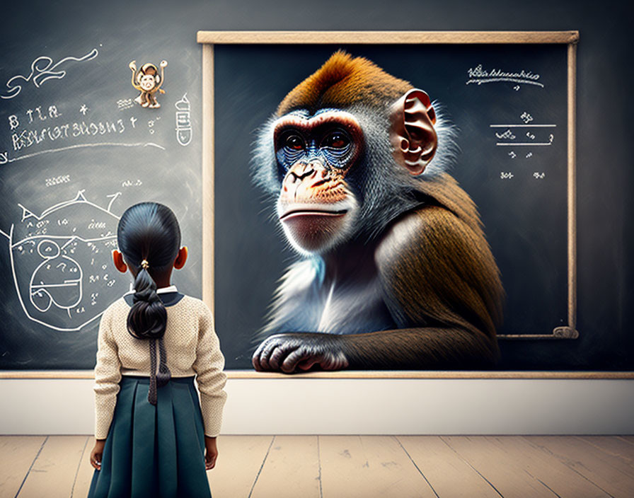 Young girl in front of chalkboard with monkey drawing and scientific doodles