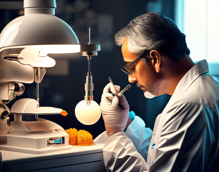 Scientist in lab coat examines sample with pipette in laboratory setting