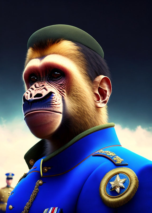 Baboon in Military Uniform with Medals and Beret on Dark Sky Background