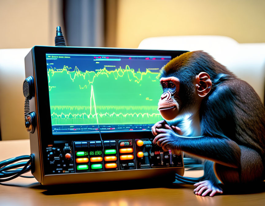 Curious monkey examines colorful oscilloscope screen.