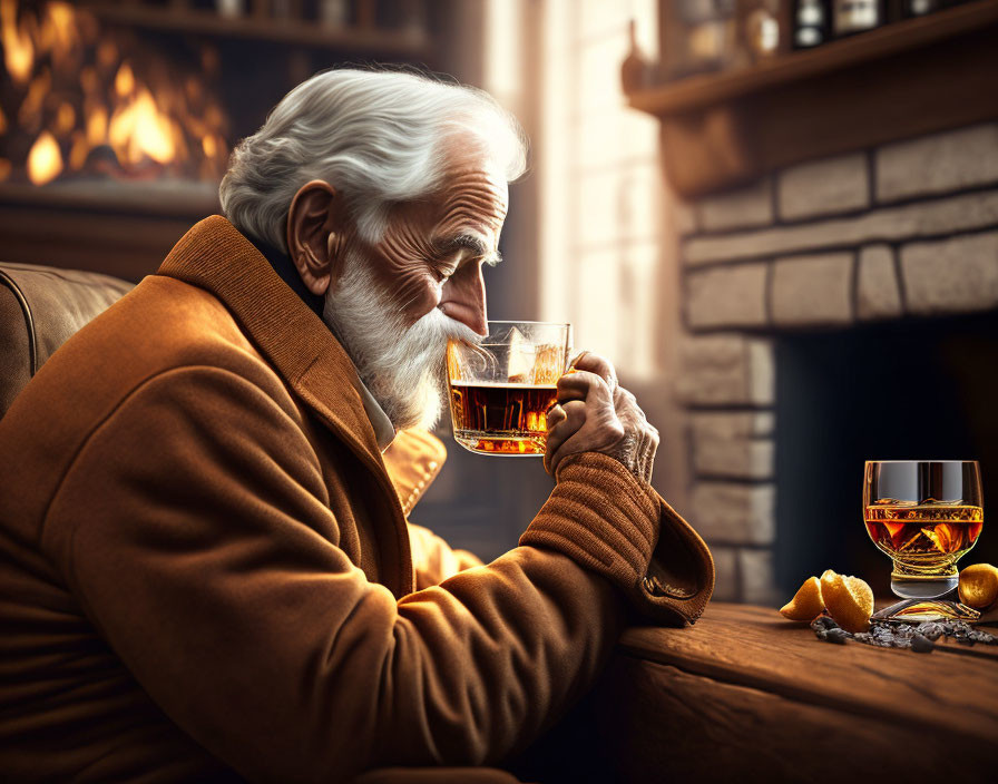 Elderly man sipping whiskey by fireplace with glass and oranges