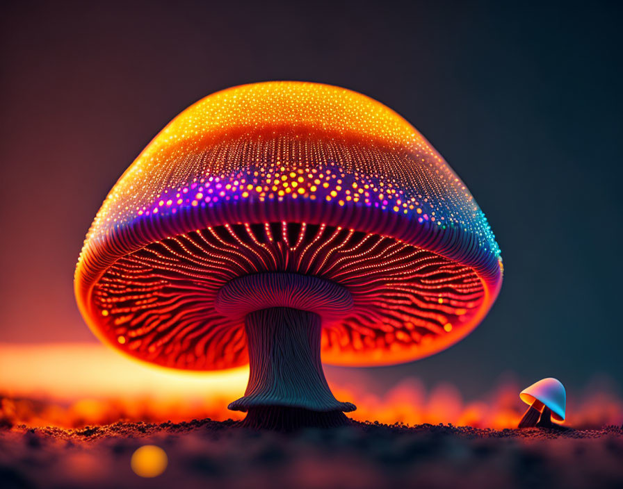 Colorful digital artwork: Glowing mushrooms and neon dots under twilight sky