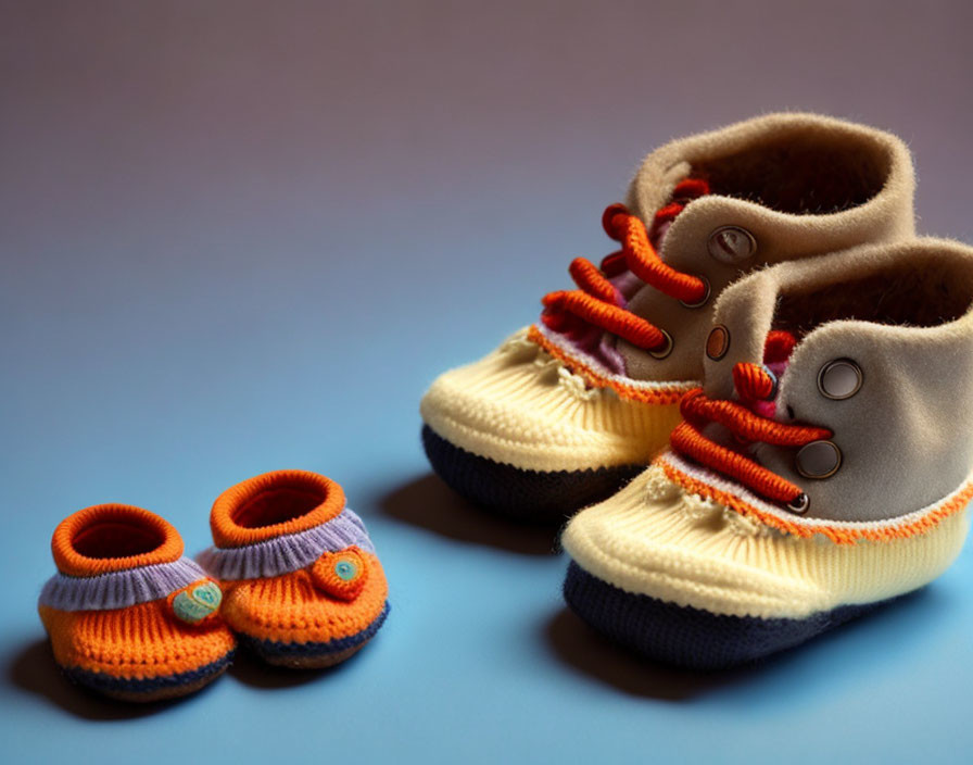 Baby booties and knitted orange shoes on blue background.