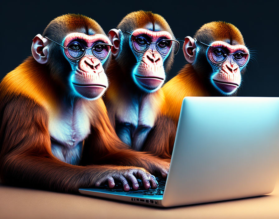 Colorful faced monkeys on laptop screen depict modern "see no evil, hear no evil, speak no