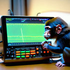 Curious monkey examines colorful oscilloscope screen.