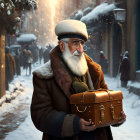 Elderly man in winter attire holding glowing gift box on snowy city street