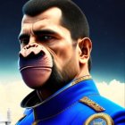 Baboon in Military Uniform with Medals and Beret on Dark Sky Background