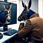 Donkey in headset and jacket working on computer