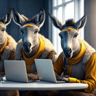 Three donkeys in hoodies at table with laptops in modern office setting