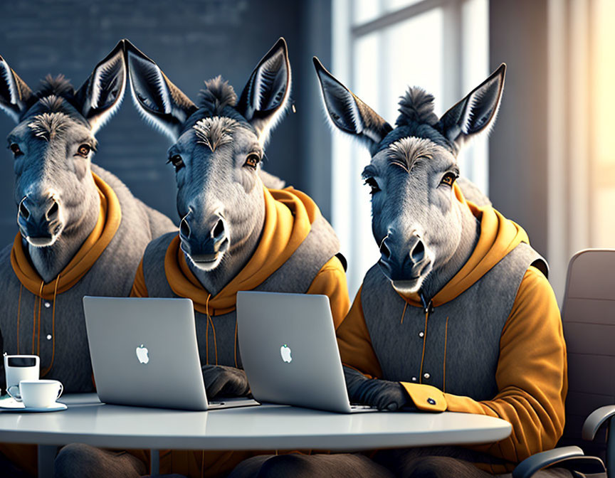 Three donkeys in hoodies at table with laptops in modern office setting