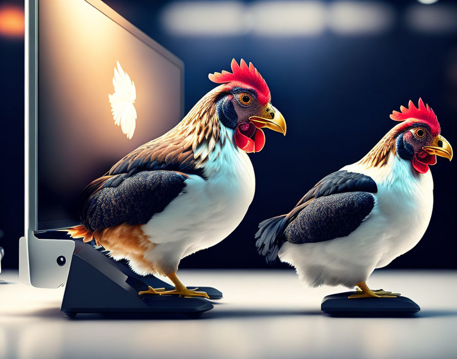 Animated chickens with feather on computer monitor backlight.