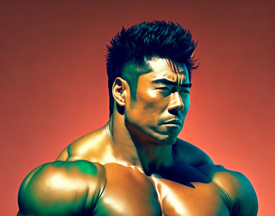 Serious muscular man with short spiky hair on red background