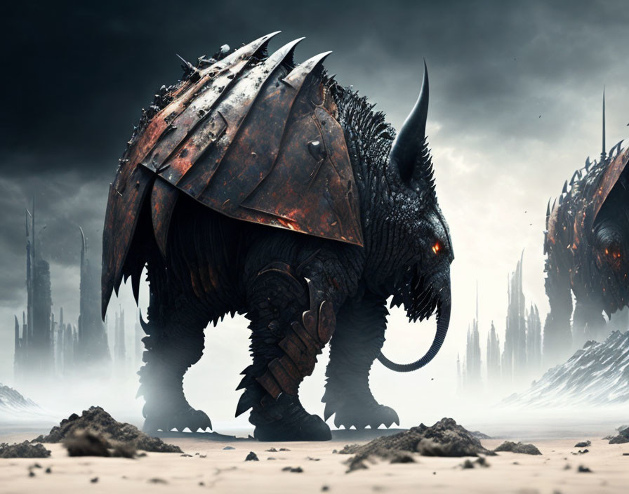 Armored beast with horns and spiked shell in desolate landscape.