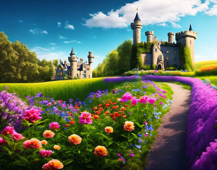 Fairytale castle in vibrant garden with colorful flowers