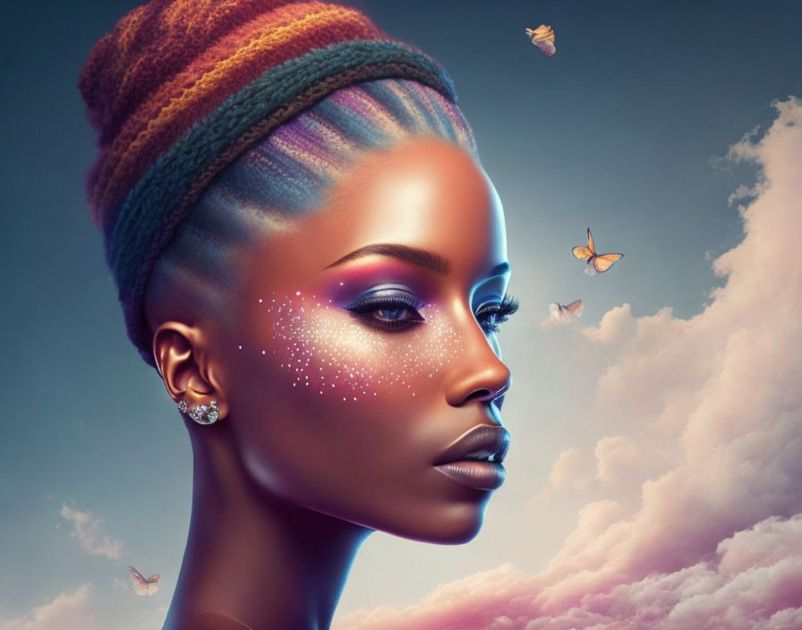 Colorful headwrap and galaxy makeup with butterflies in cloudscape