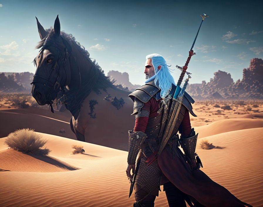 White-Haired Warrior with Blue Scarf and Horse in Desert Landscape