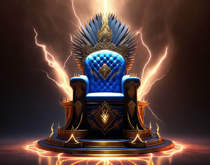 Blue Upholstered Throne with Gold Accents and Lightning Bolt Backdrop