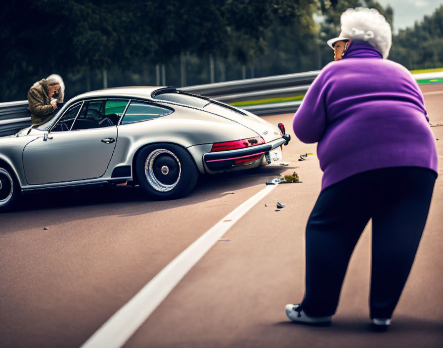 Woman in Purple Coat with Monkey on Vintage Car at Littered Racetrack