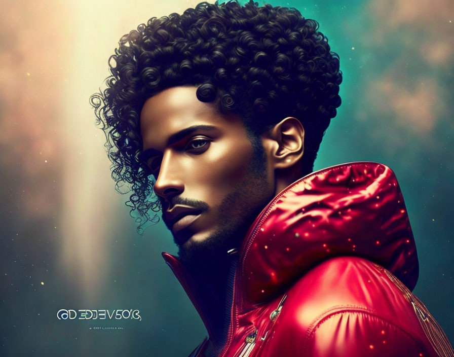 Stylized digital portrait of man with afro in red jacket