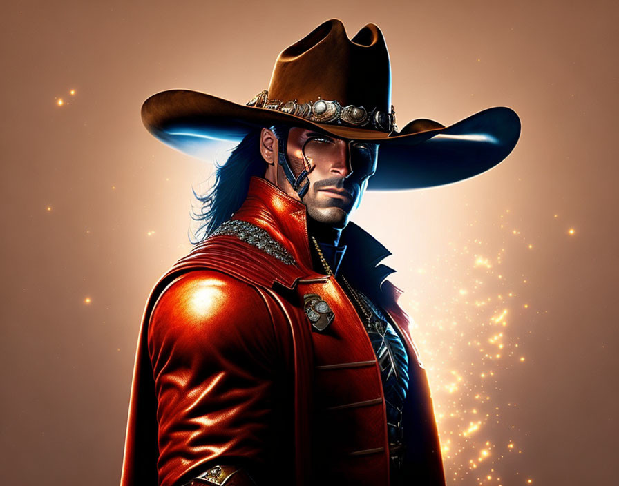 Stylized cowboy illustration with large hat and red coat