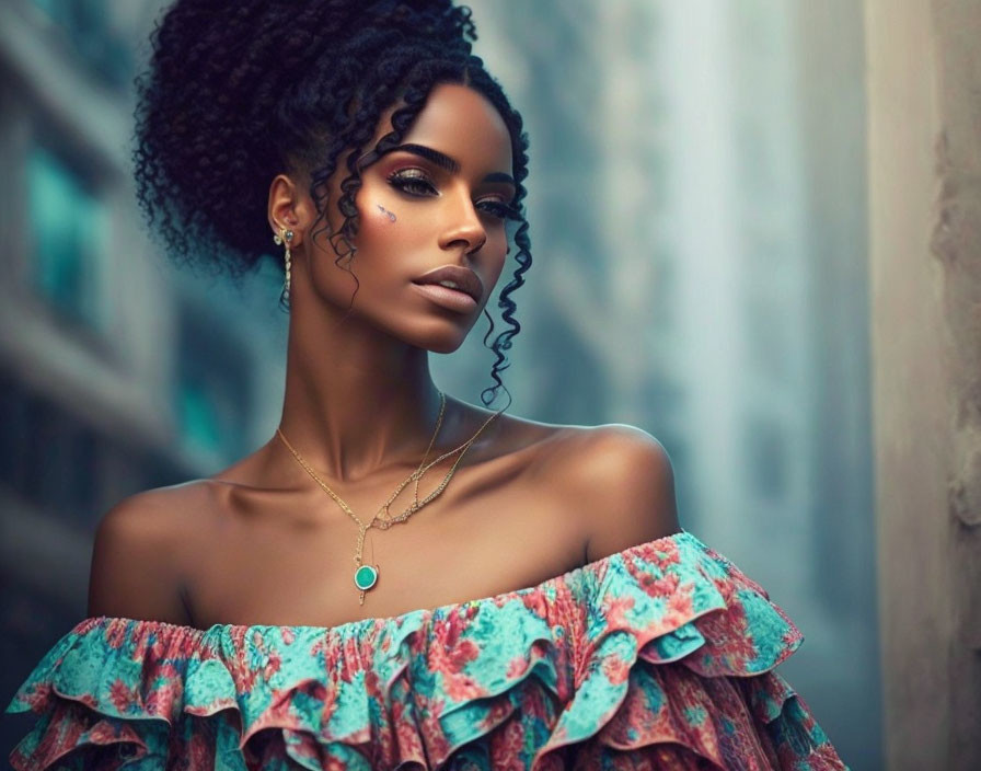 Curly-haired woman in floral top and jewelry against city backdrop