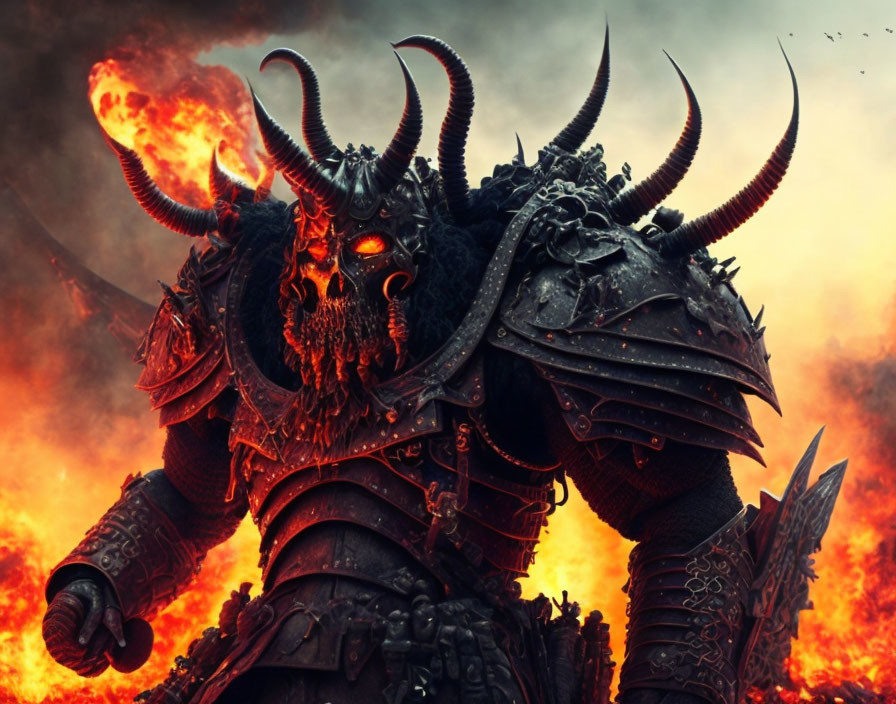 Armored figure with red eyes and horns in fiery backdrop represents dark warrior theme.