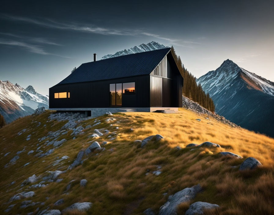 Modern Black Cabin on Mountain Slope with Illuminated Windows