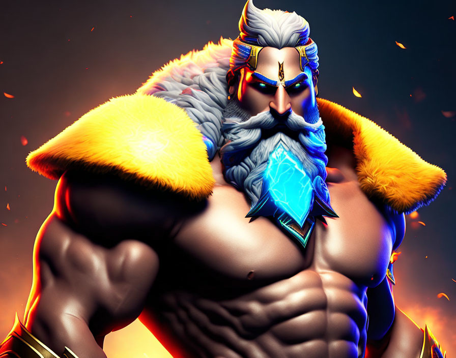 Muscular animated character with white hair and beard, blue glowing chest jewel, yellow fur, fiery backdrop