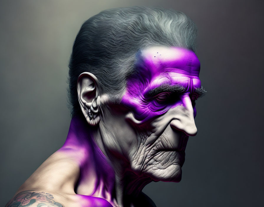 Elderly Male Portrait with Exaggerated Features in Vibrant Purple