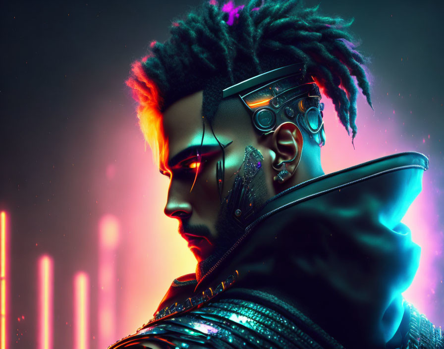 Futuristic cyberpunk portrait of a man with cybernetic enhancements