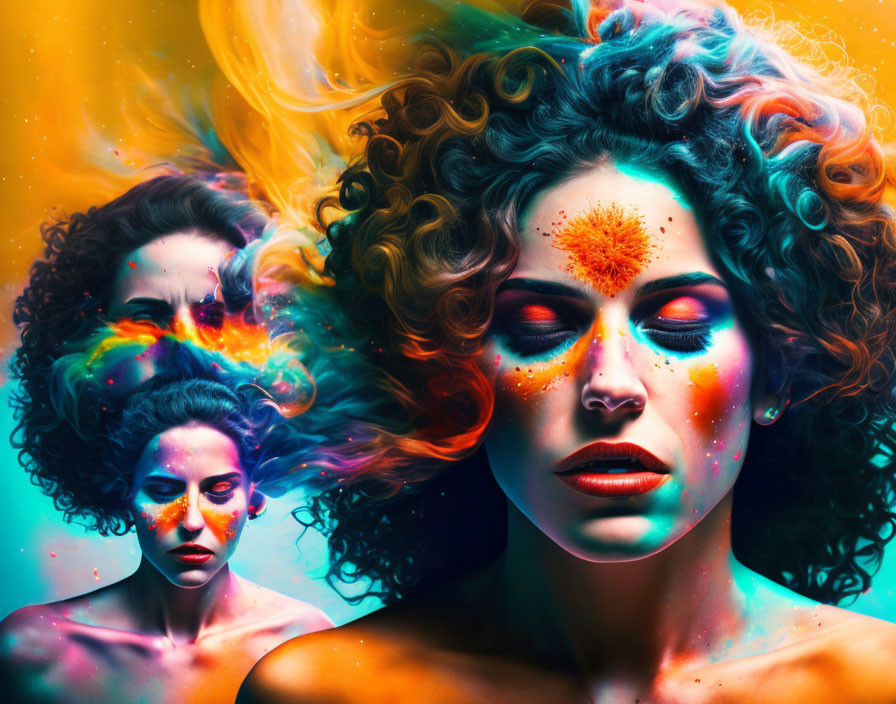 Colorful digital artwork of three women with fantastical makeup and swirling hair.